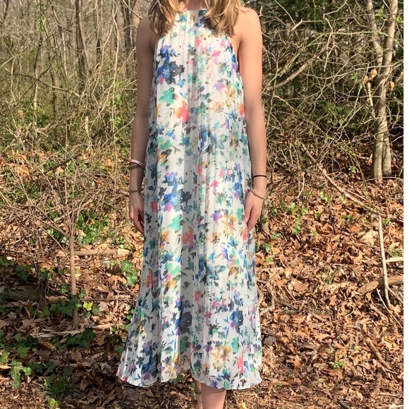 LIKELY Midi Dress 8 Chiffon Sheath Pleated Halter Floral Flowy Party Coquette - Picture 3 of 12